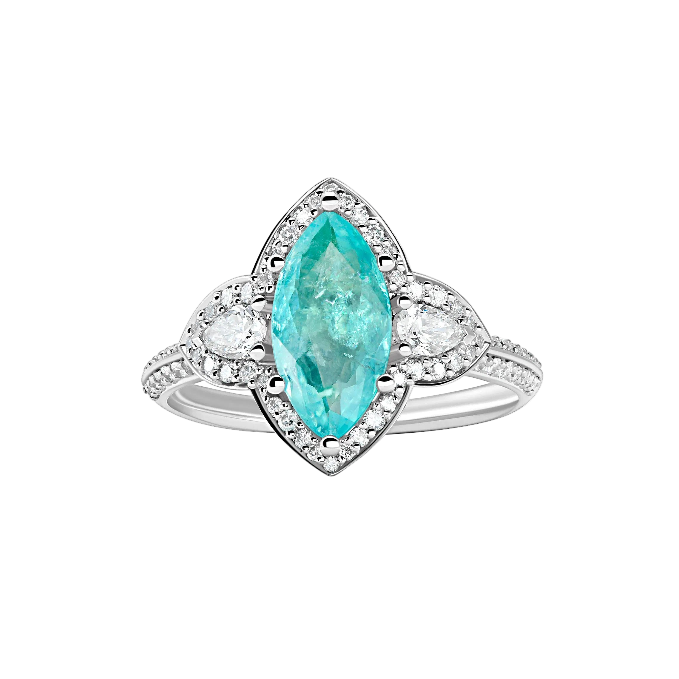 18k Solid White Gold Neon Blue Lagoon Tourmaline and Diamond Trilogy Ring 6.87 CTW