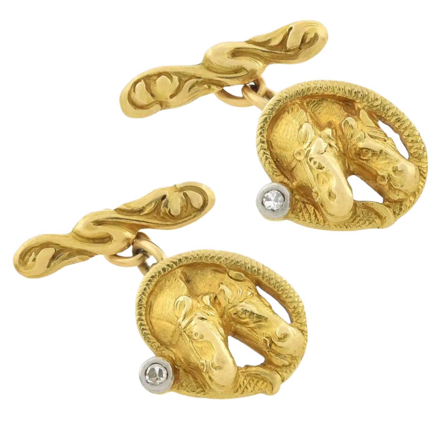 Edwardian 18k Solid Yellow Gold Diamond Double Horse Photo Finish Cufflinks