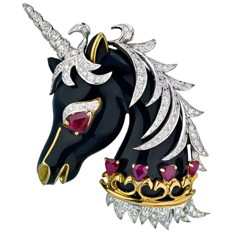 18k Solid Gold Black Enamel Unicorn, Ruby and Diamonds Vintage Brooch