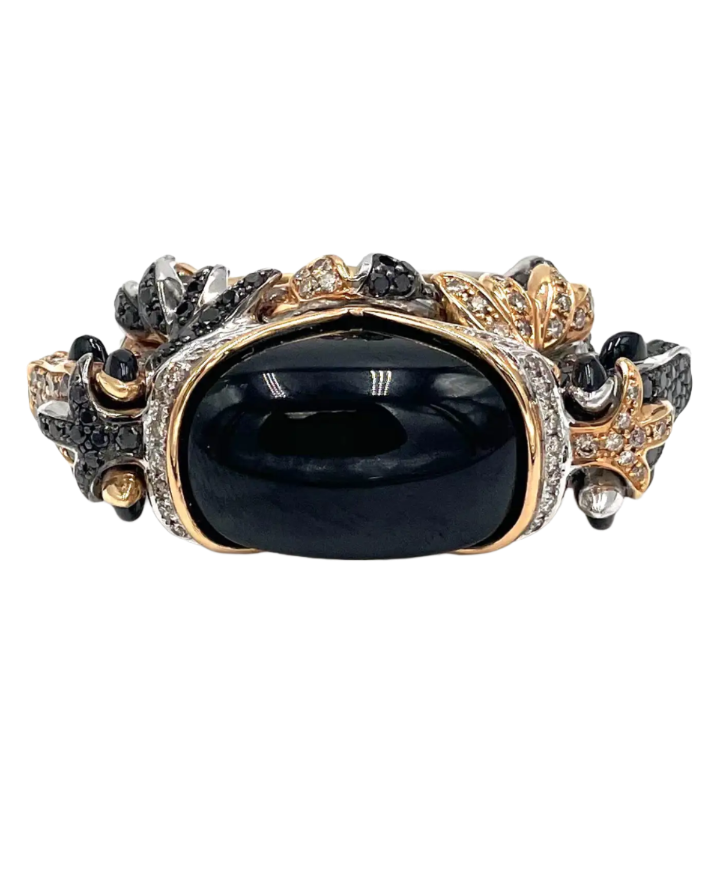 18k Solid Rose Gold Cabochon Black Spinel Double Horse Diamond Ring