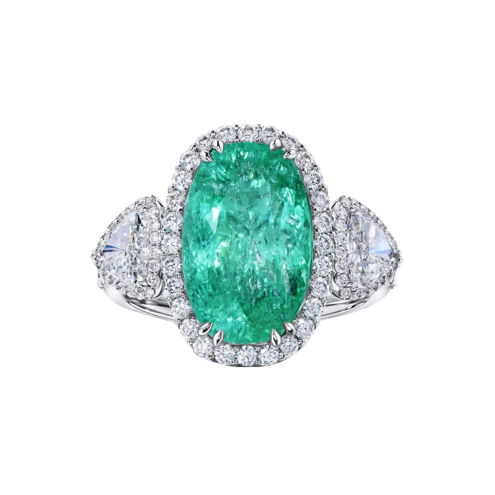 18k Solid White Gold Zambian Emerald and Diamond Trilogy Ring 10.55 CTW