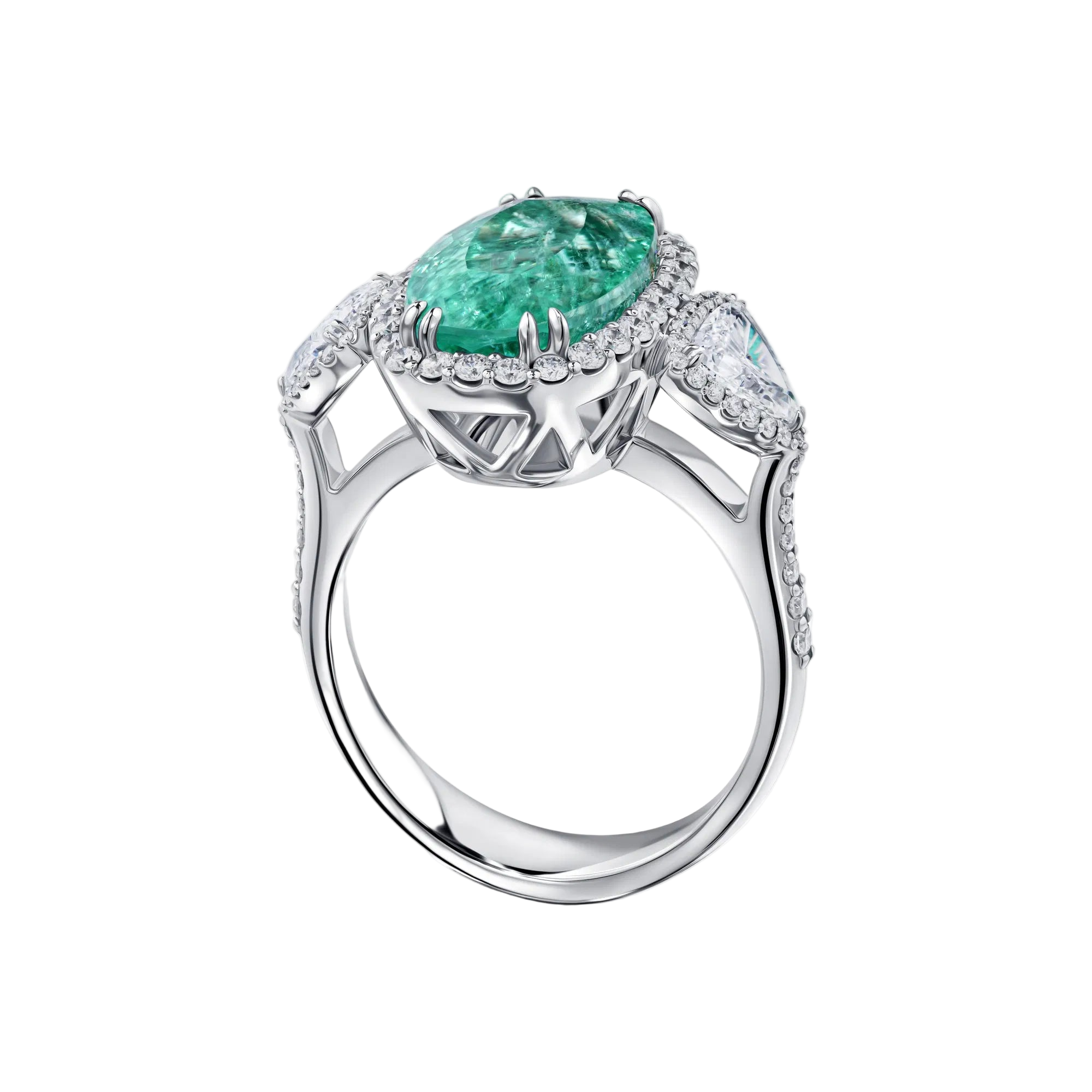 18k Solid White Gold Zambian Emerald and Diamond Trilogy Ring 10.55 CTW