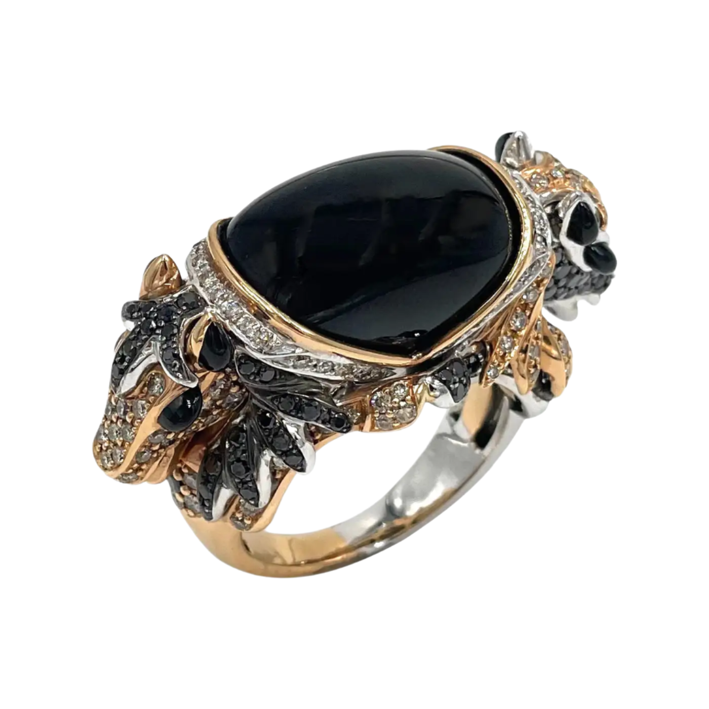 18k Solid Rose Gold Cabochon Black Spinel Double Horse Diamond Ring
