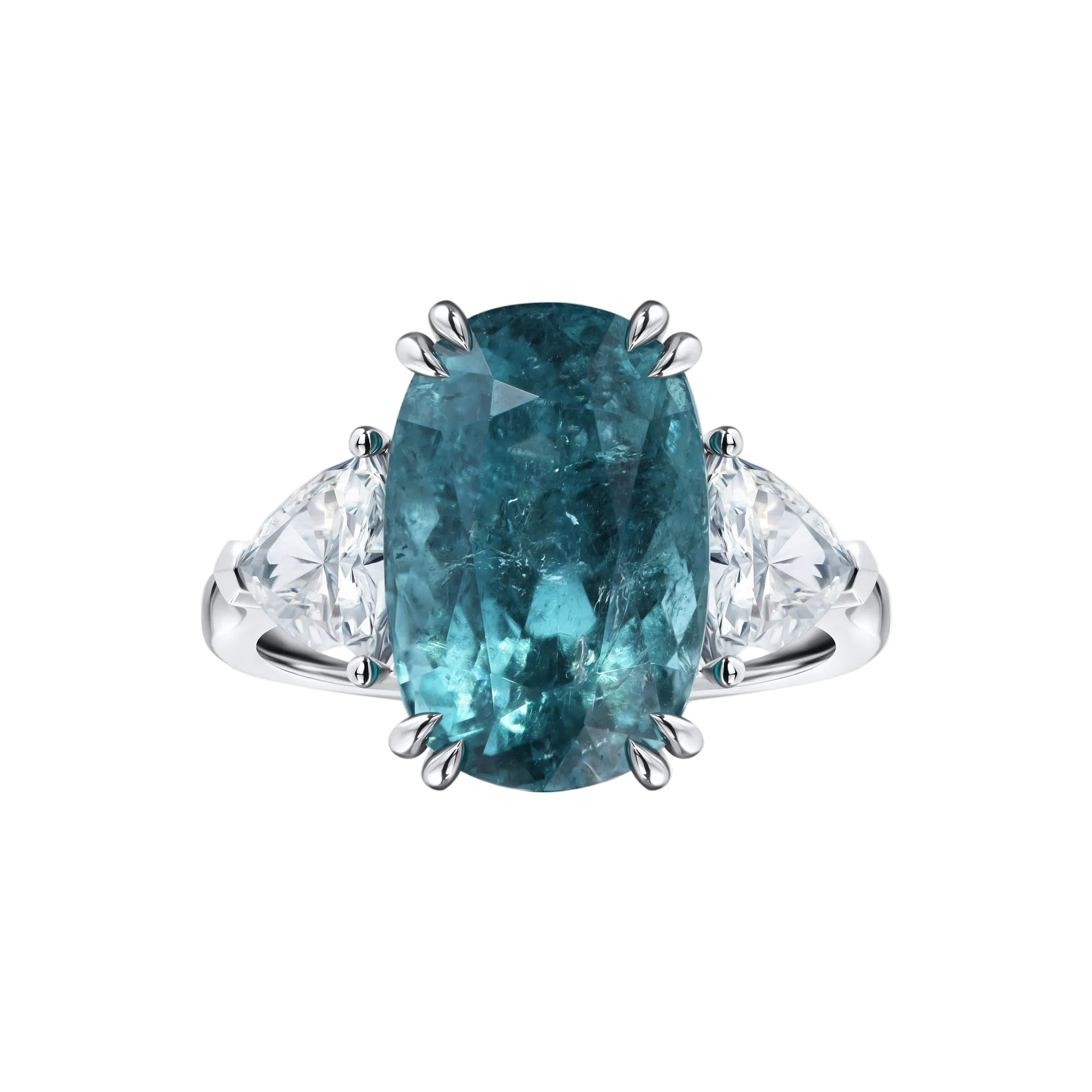 18k Solid White Gold Blue Tourmaline and Diamond Trilogy Ring 8.23 CTW