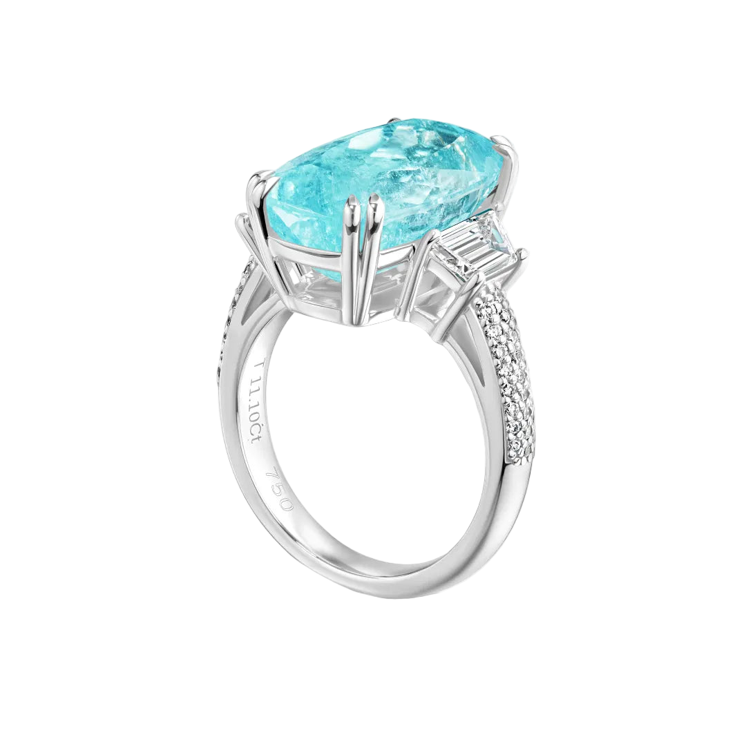 18k Solid White Gold Neon Blue Tourmaline and Diamond Trilogy Ring 11.10 CTW