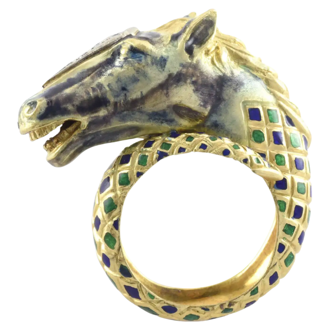 18k Solid Yellow Gold Estate Diamond and Enamel Horse Head Ring