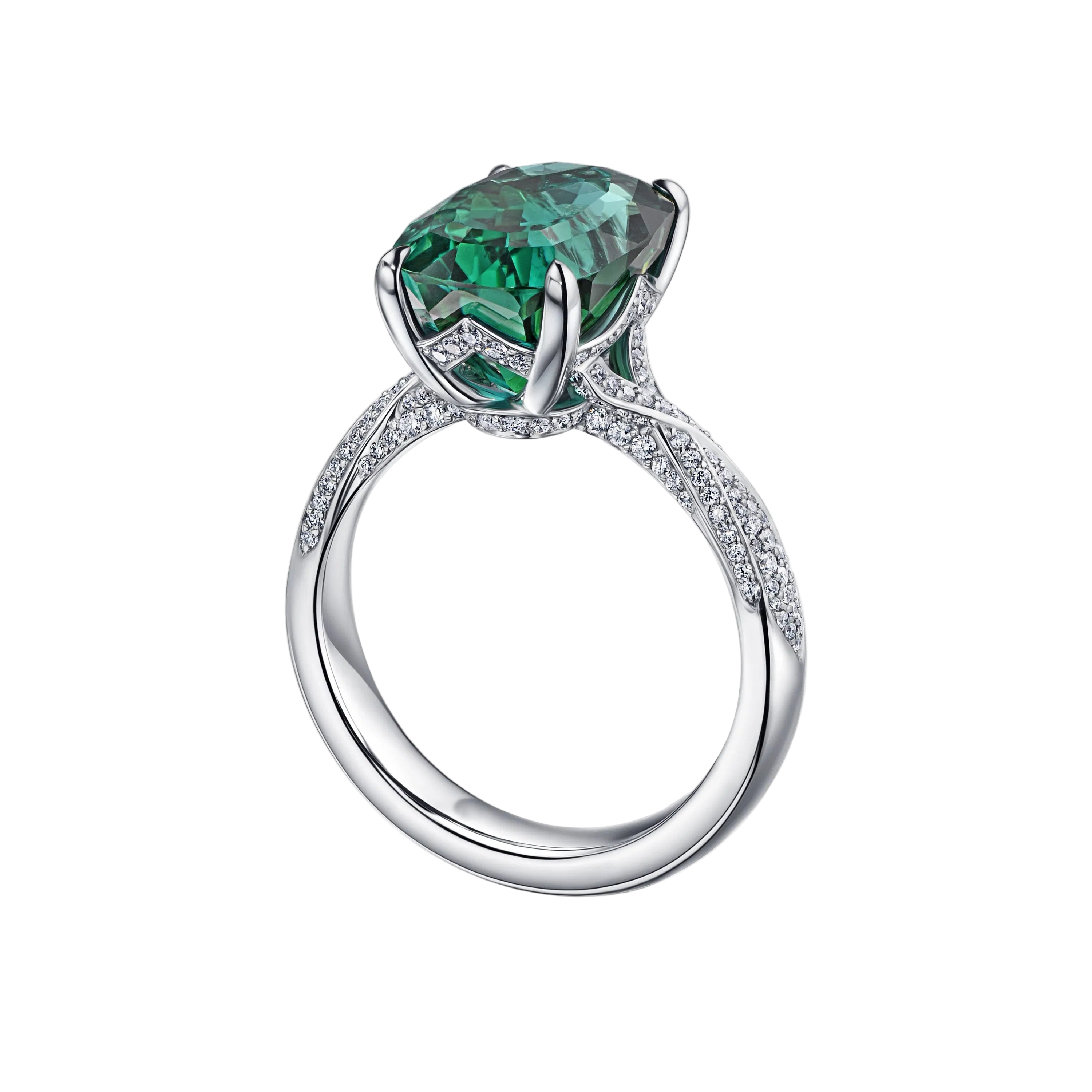 18k Solid White Gold Lagoon Green Tourmaline and Diamond Cocktail Ring 4.77 CTW