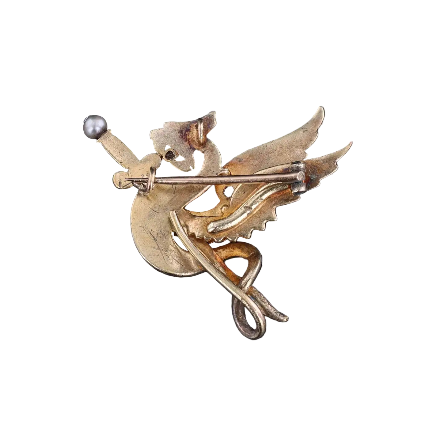 Antique Diamond Griffin Pin of 14k Solid Yellow Gold