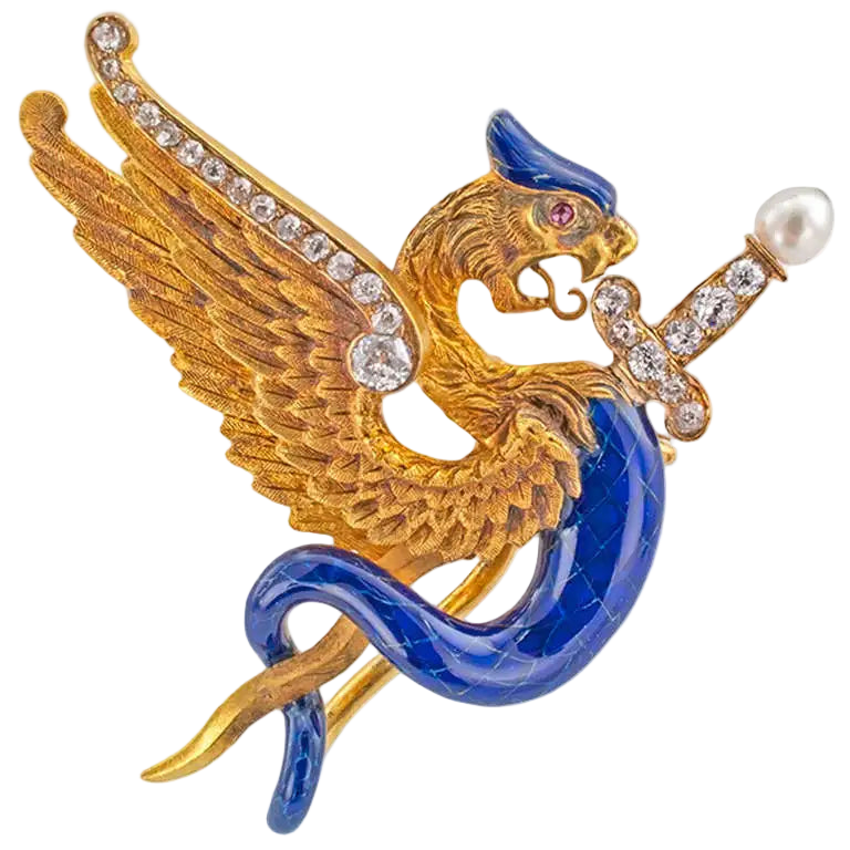 Antique Enamel Diamond Griffin Brooch in 14k Solid Yellow Gold