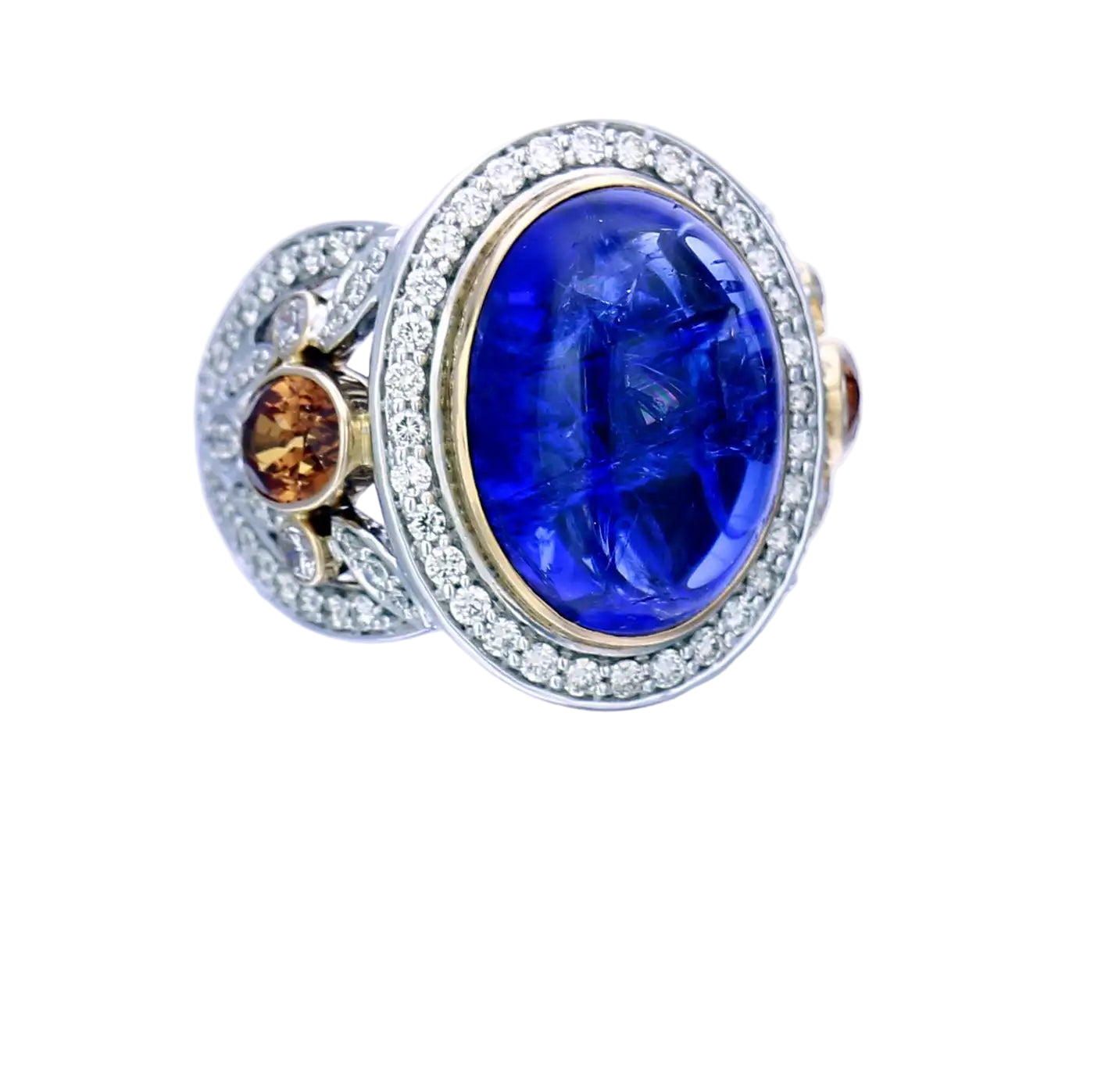 Antique Bluebird 15 Carat Tanzanite, Diamond and Spessartite Garnet Ring