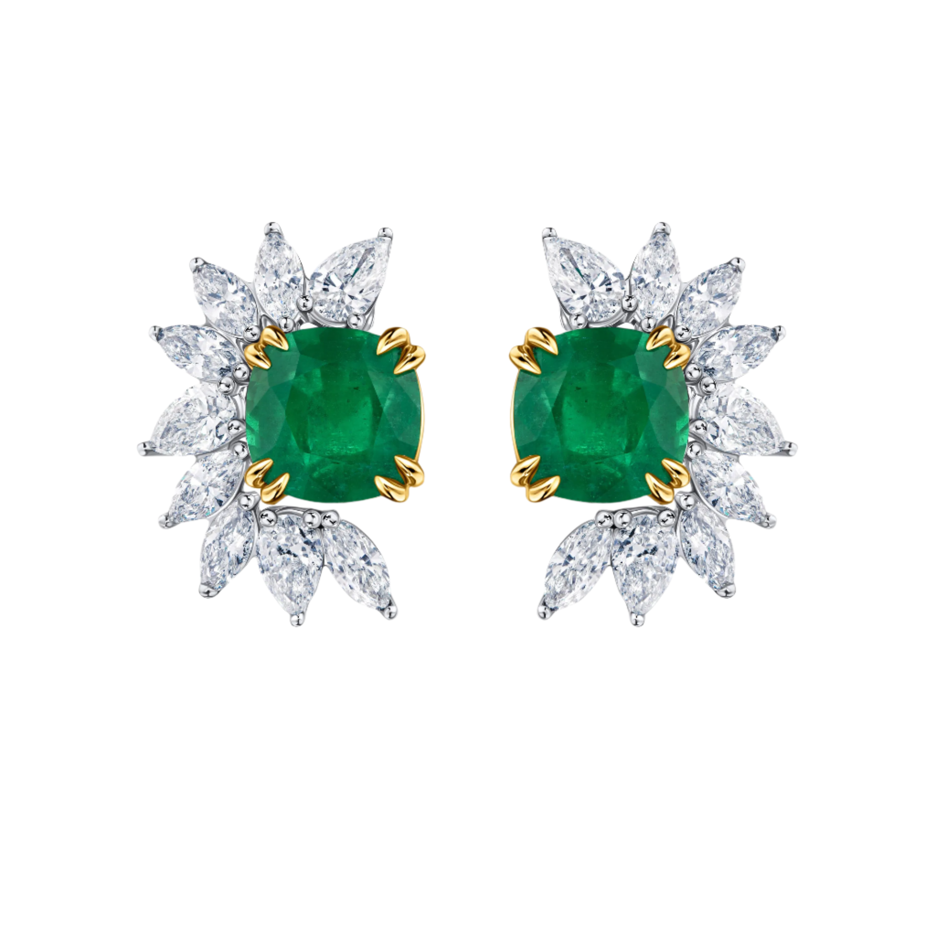 18k Solid White Gold Colombian Emerald and Multi-Shape Diamond Stud Earrings 6.80 CTW