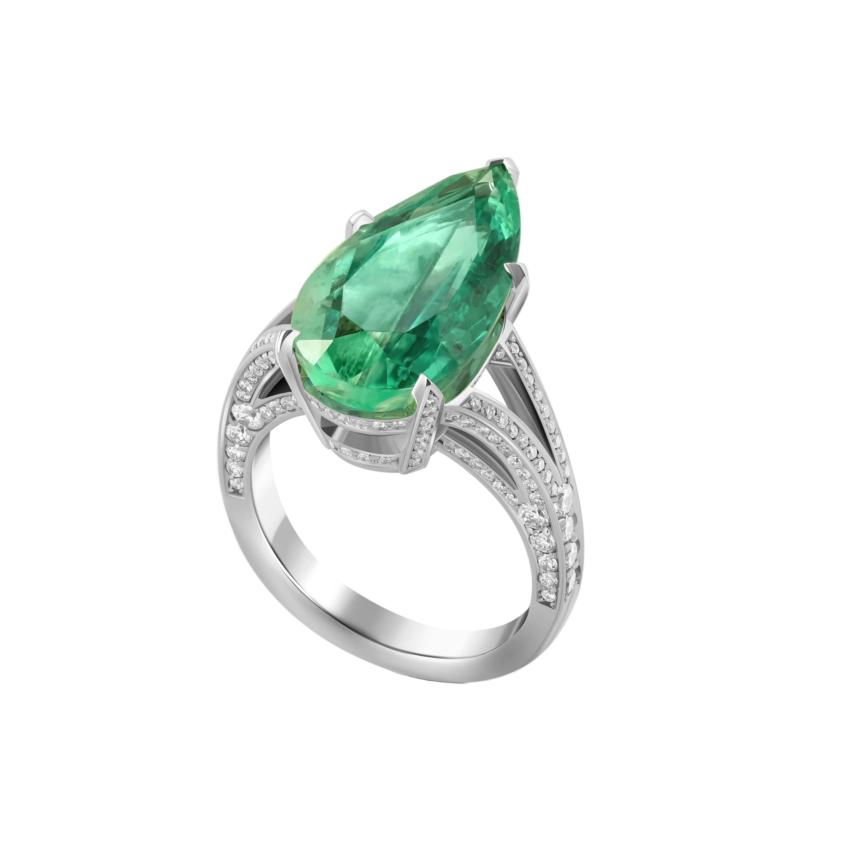 18k Solid White Gold Zambian Emerald and Diamond Decorated Cocktail Ring 6.90 CTW