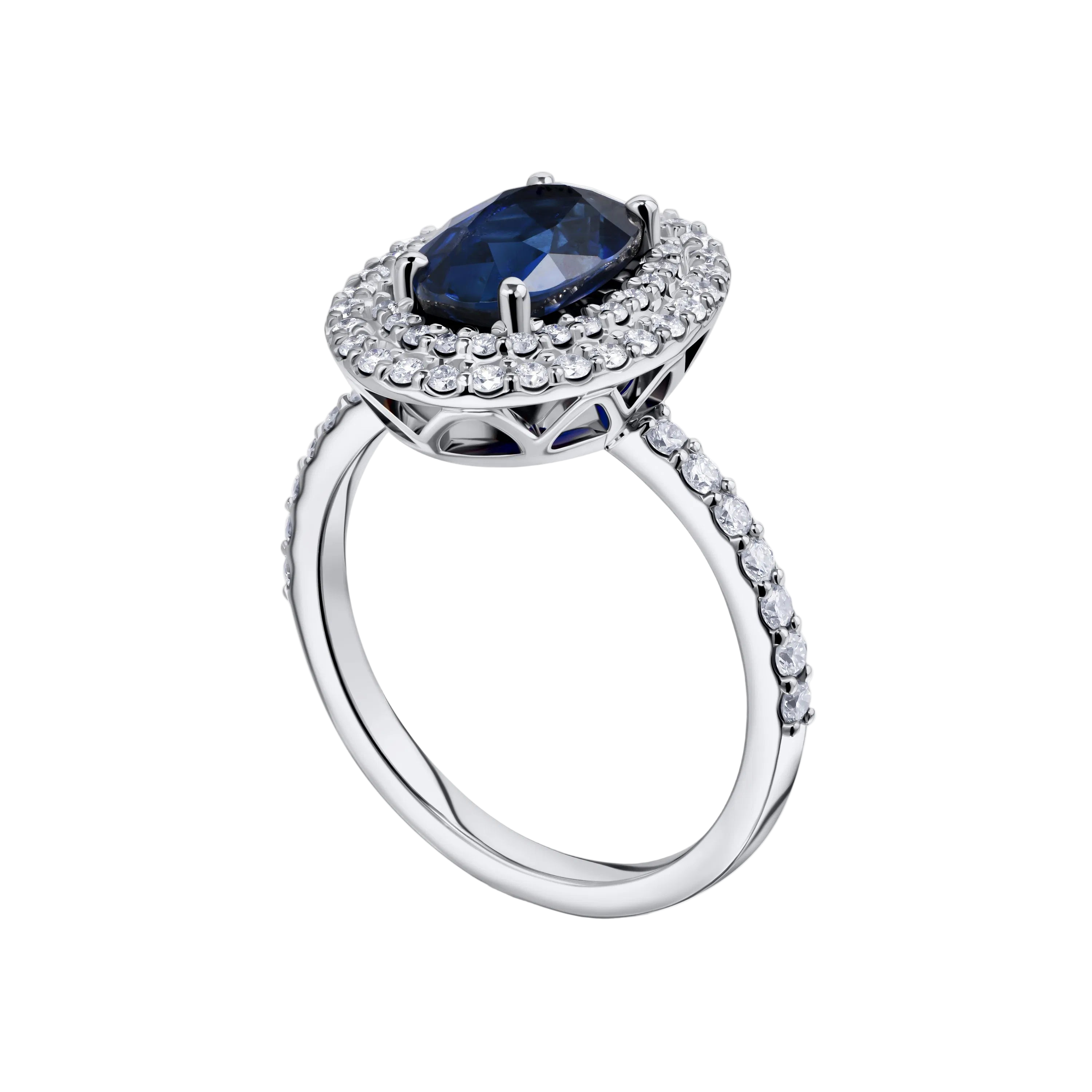 18k Solid White Gold Oval-Cut Royal Blue Sapphire and Diamond Ring 2.95 CTW