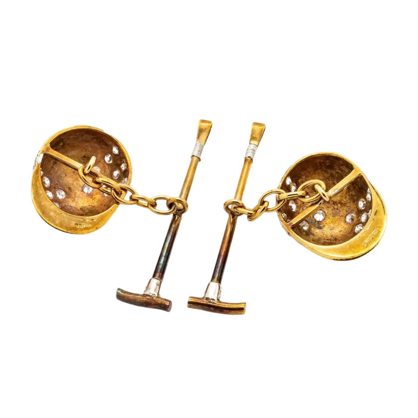 18k Solid Yellow Gold Vintage Diamond Jockey Cufflinks, 1980