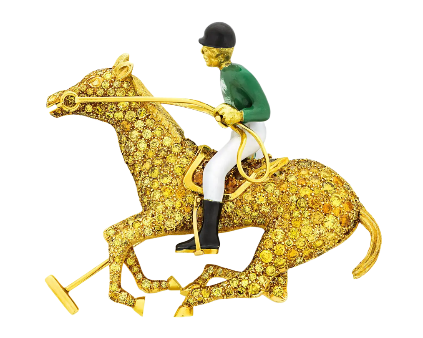 18k Solid Yellow Gold Polo Pony Diamond Brooch 18,22 CTW