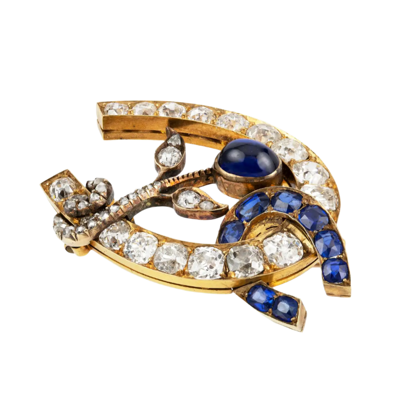18k Solid Yellow Gold, Sapphire and Diamond Horse-Shoe Brooch