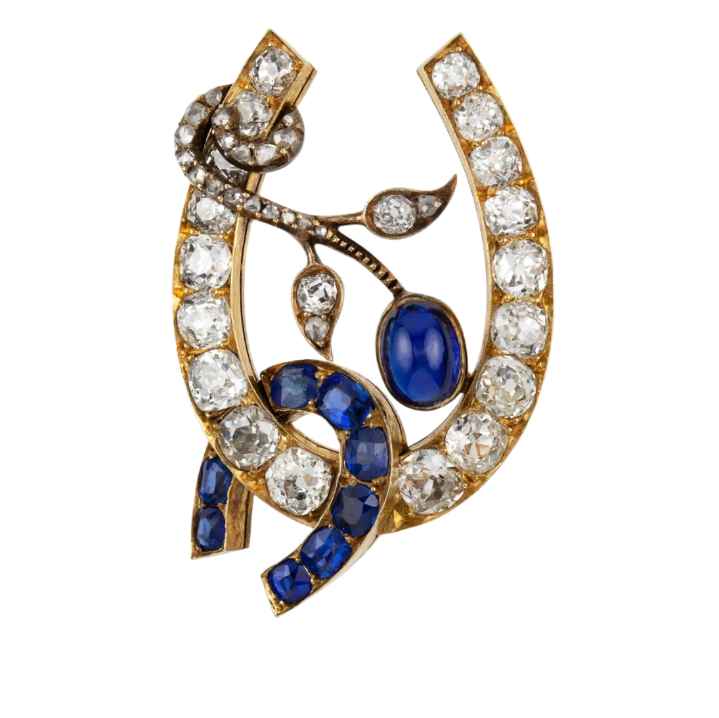 18k Solid Yellow Gold, Sapphire and Diamond Horse-Shoe Brooch