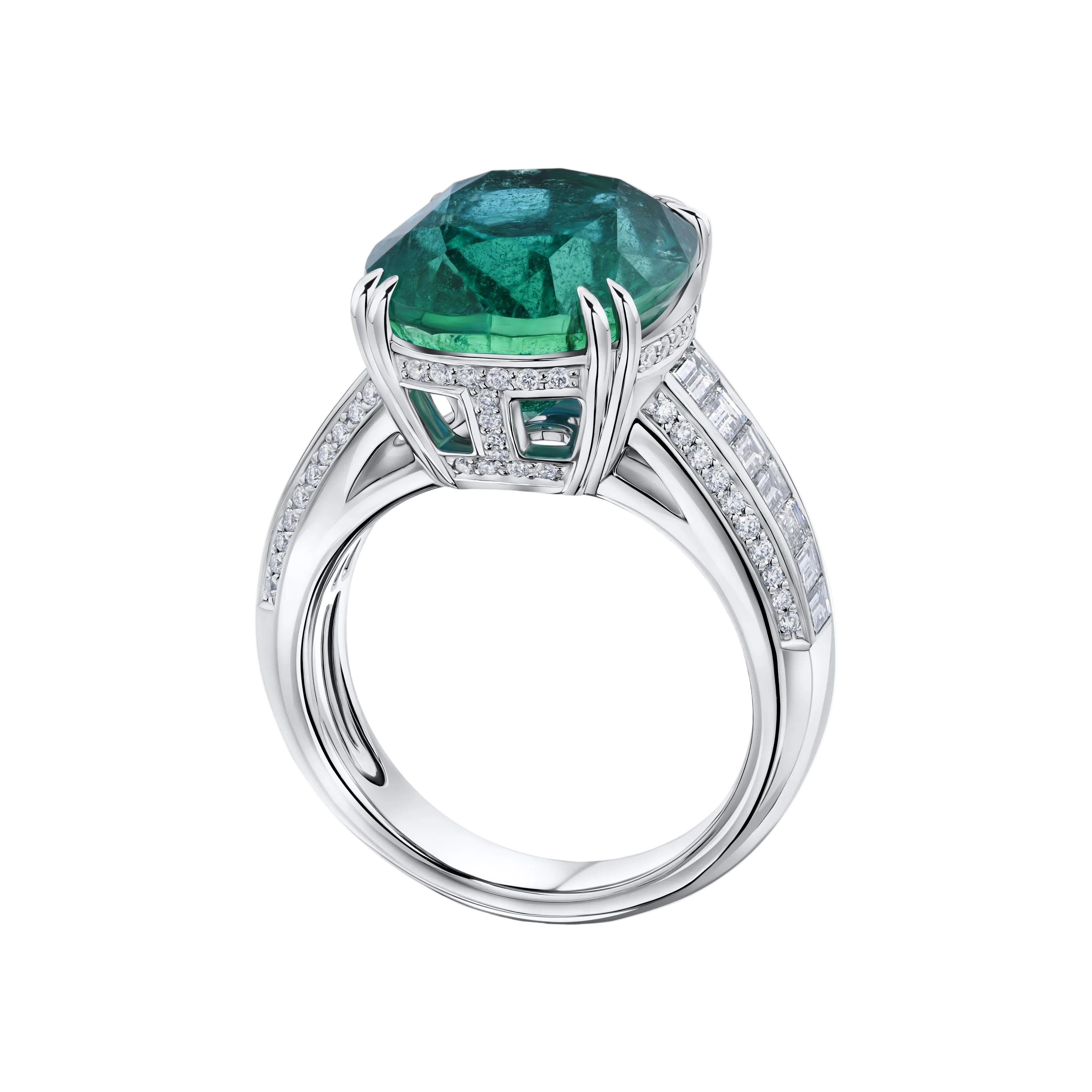 18k Solid White Gold Zambian Emerald and Diamond Cocktail Ring 6.87 CTW