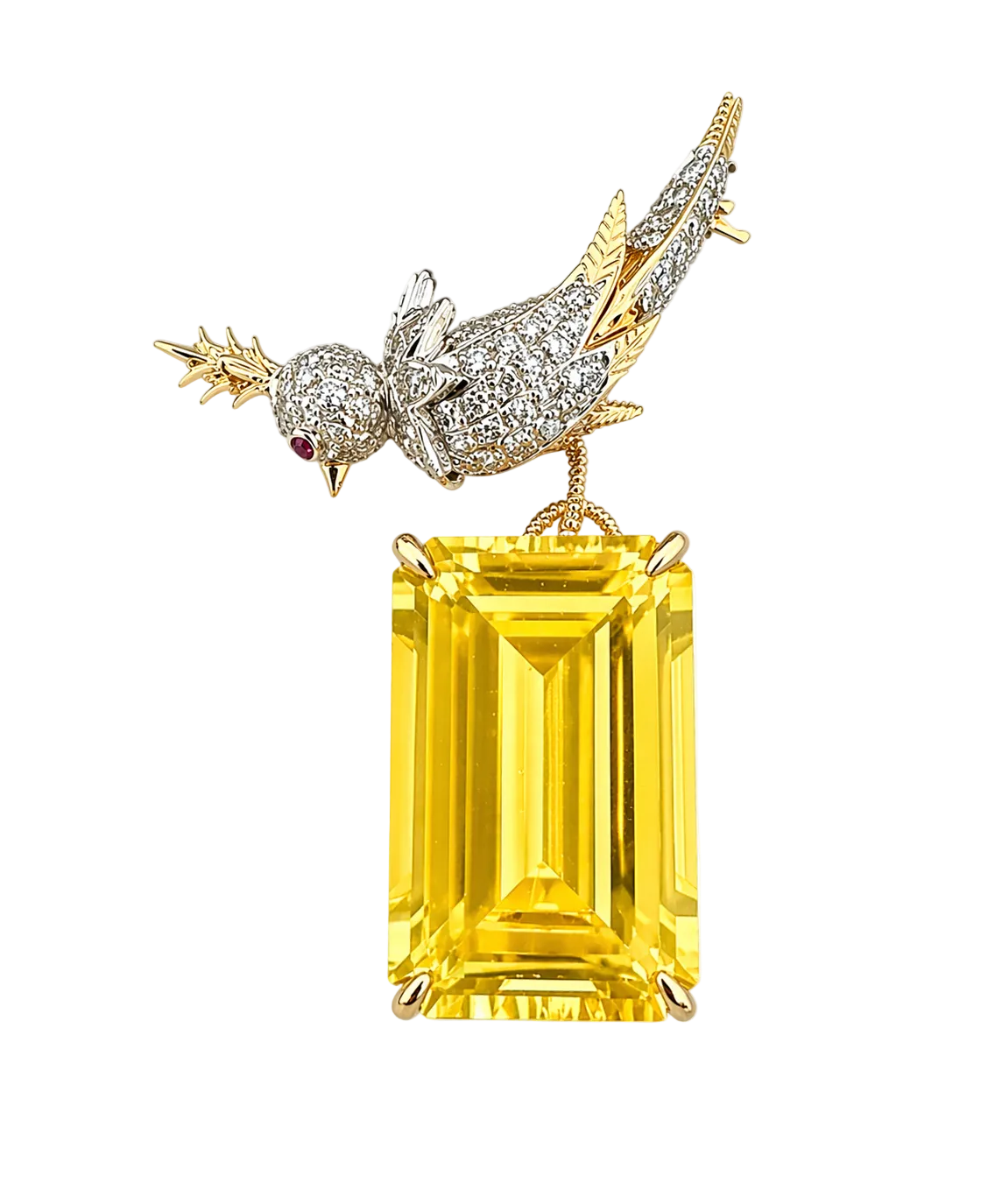 18k Solid Gold Diamond Bird Brooch With 25.57CT Imperial Golden Topaz