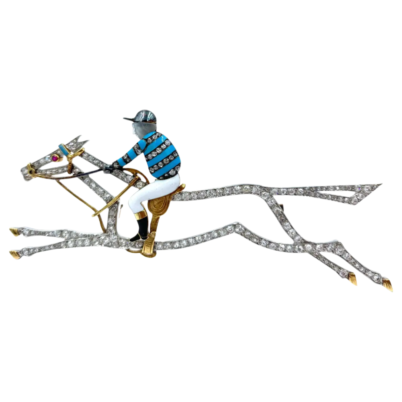 18k Solid Gold Large Edwardian Diamond Enamel Race Horse Jockey Brooch