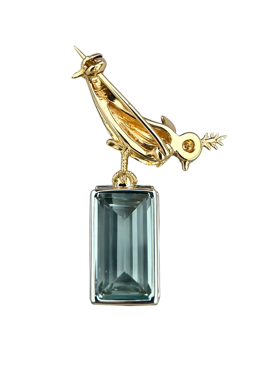 18k Solid Gold Diamond Bird Brooch With 27.55CT Intense Blue Aquamarine