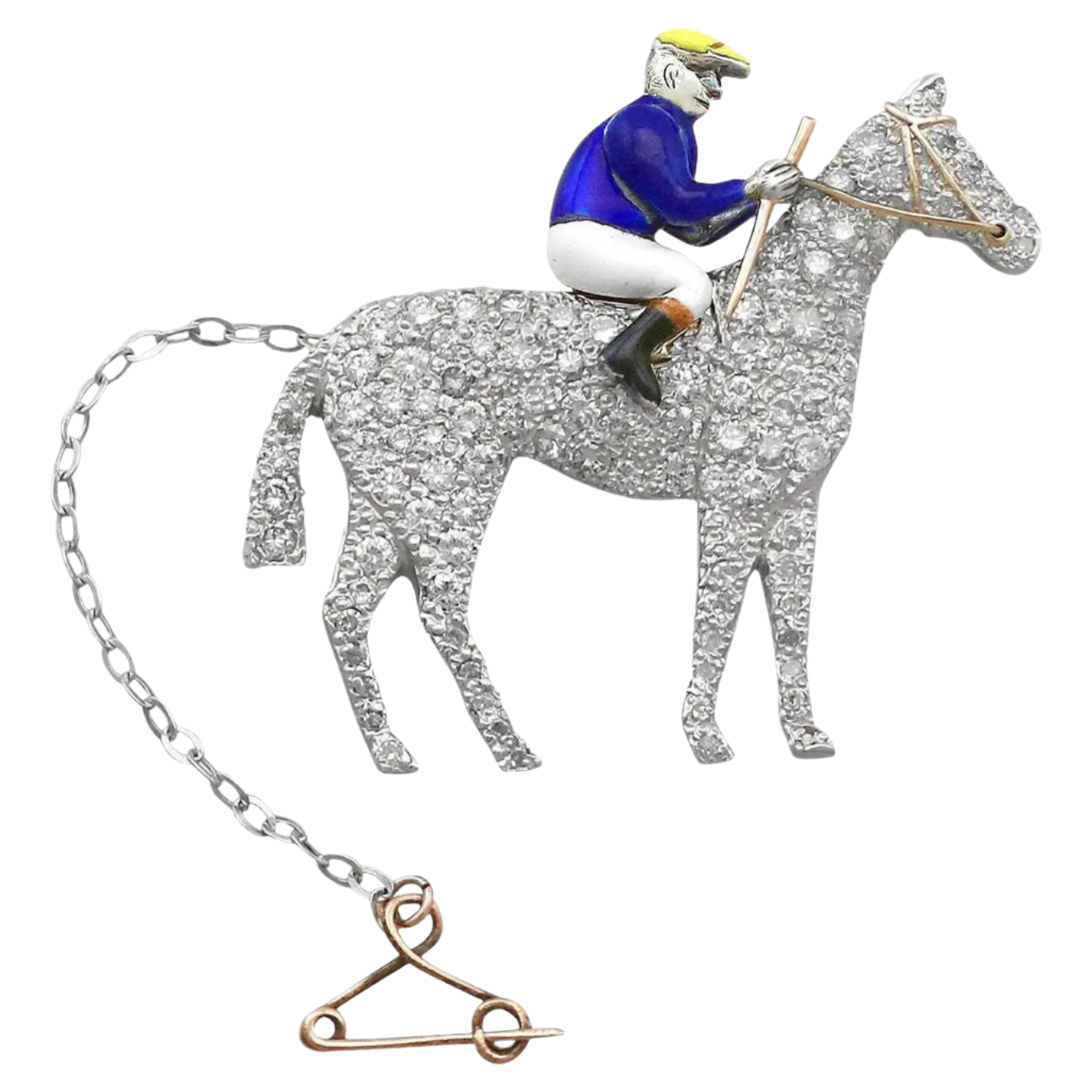18k Solid Gold Antique Diamond and Enamel Yellow Gold Horse and Jockey Brooch 2.55 CTW