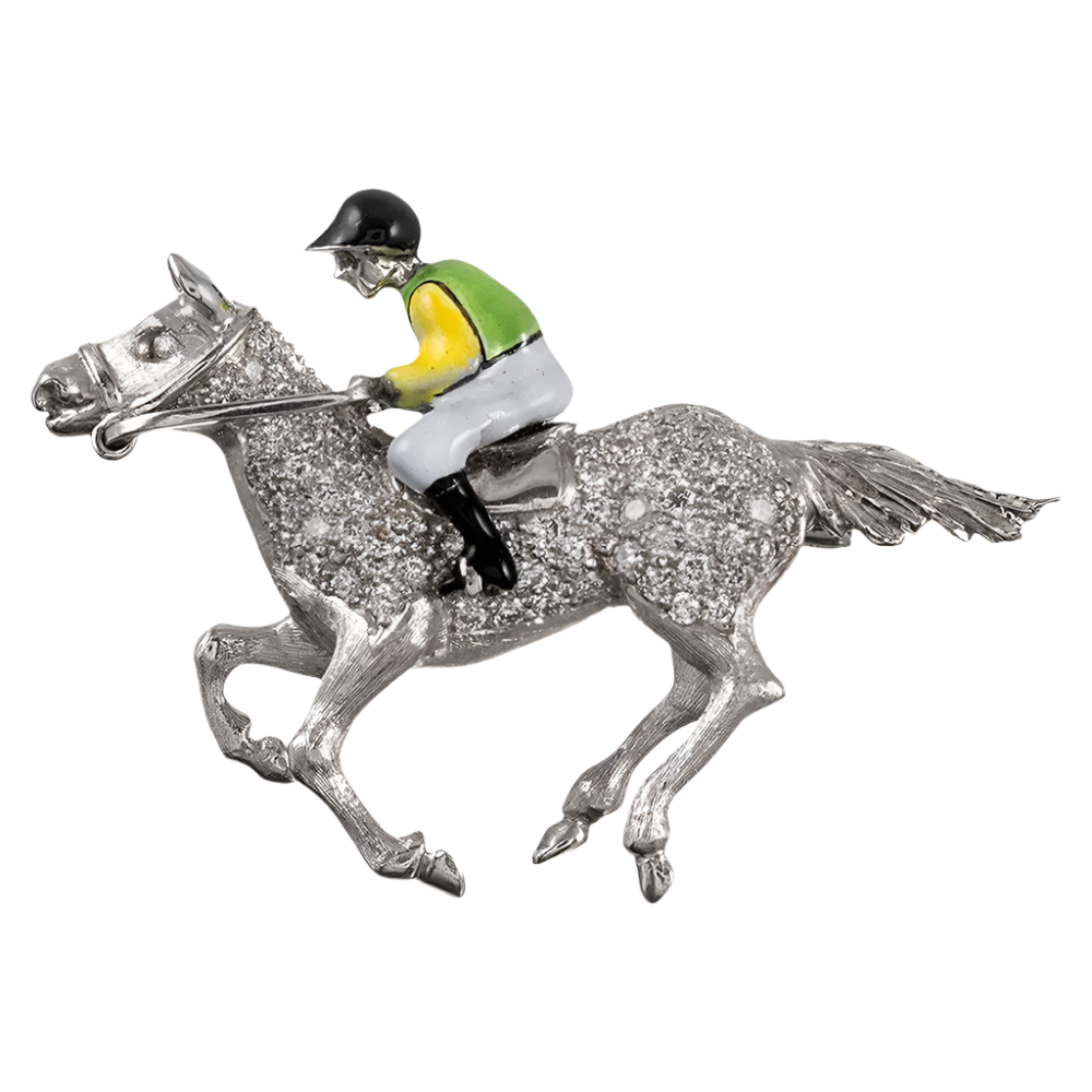 Enamel and Diamond Jockey Lapel Pin in 18k Solid White Gold
