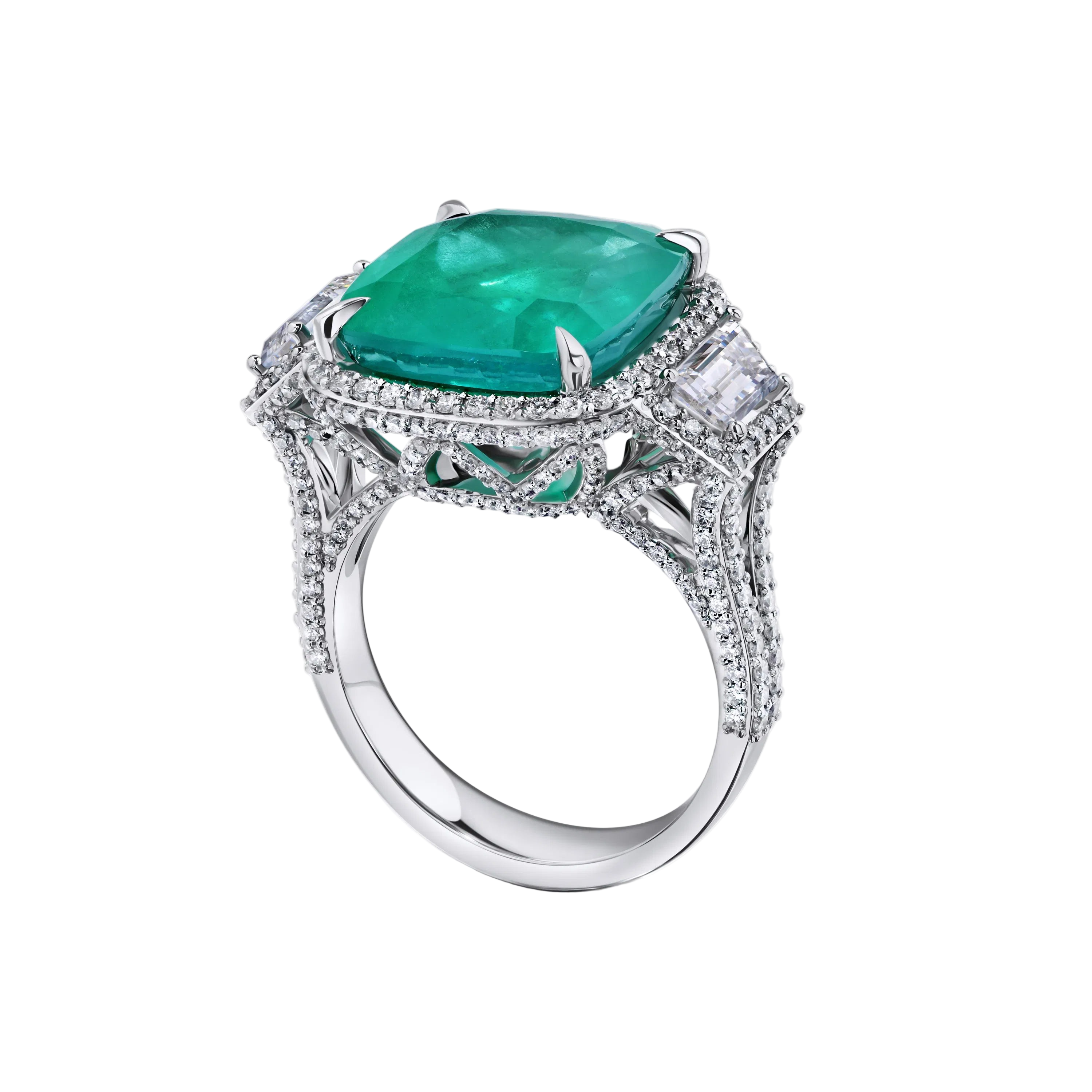 18k Solid White Gold Zambian Emerald and Diamond Statement Ring 9.55 CTW