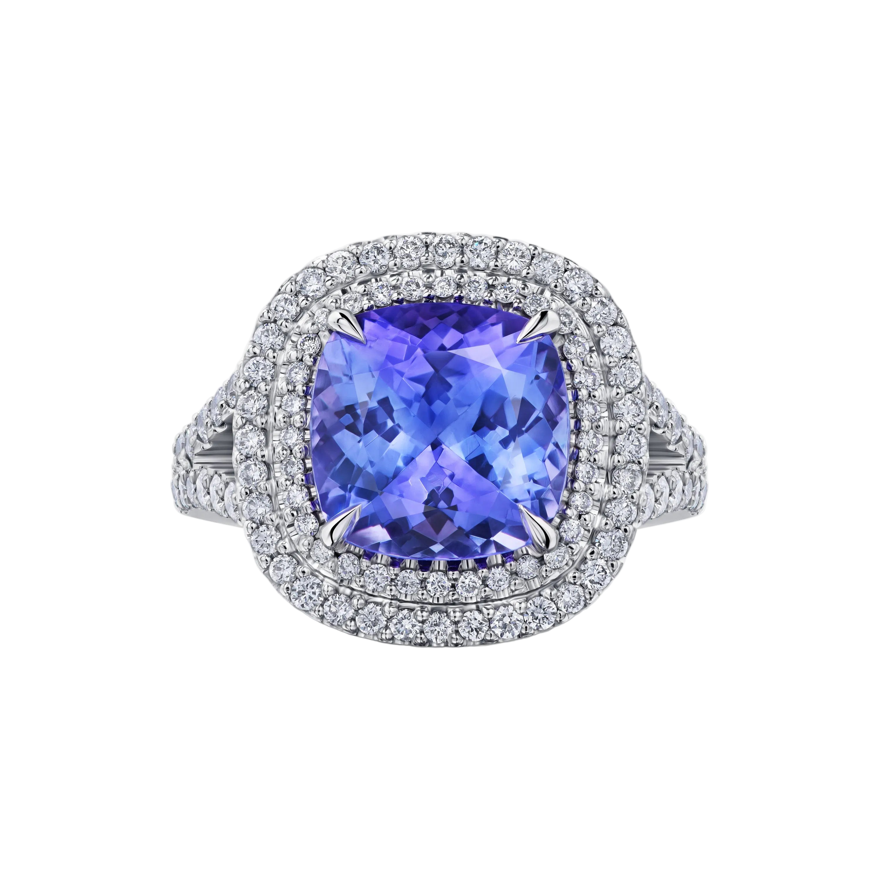 18k Solid White Gold Violet Tanzanite and Diamond Cocktail Ring 6.20 CTW