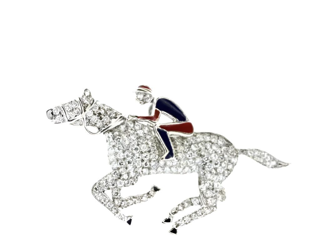 18K Solid White Gold Diamond Pave and Enamel Jockey and Horse Pendant/Brooch