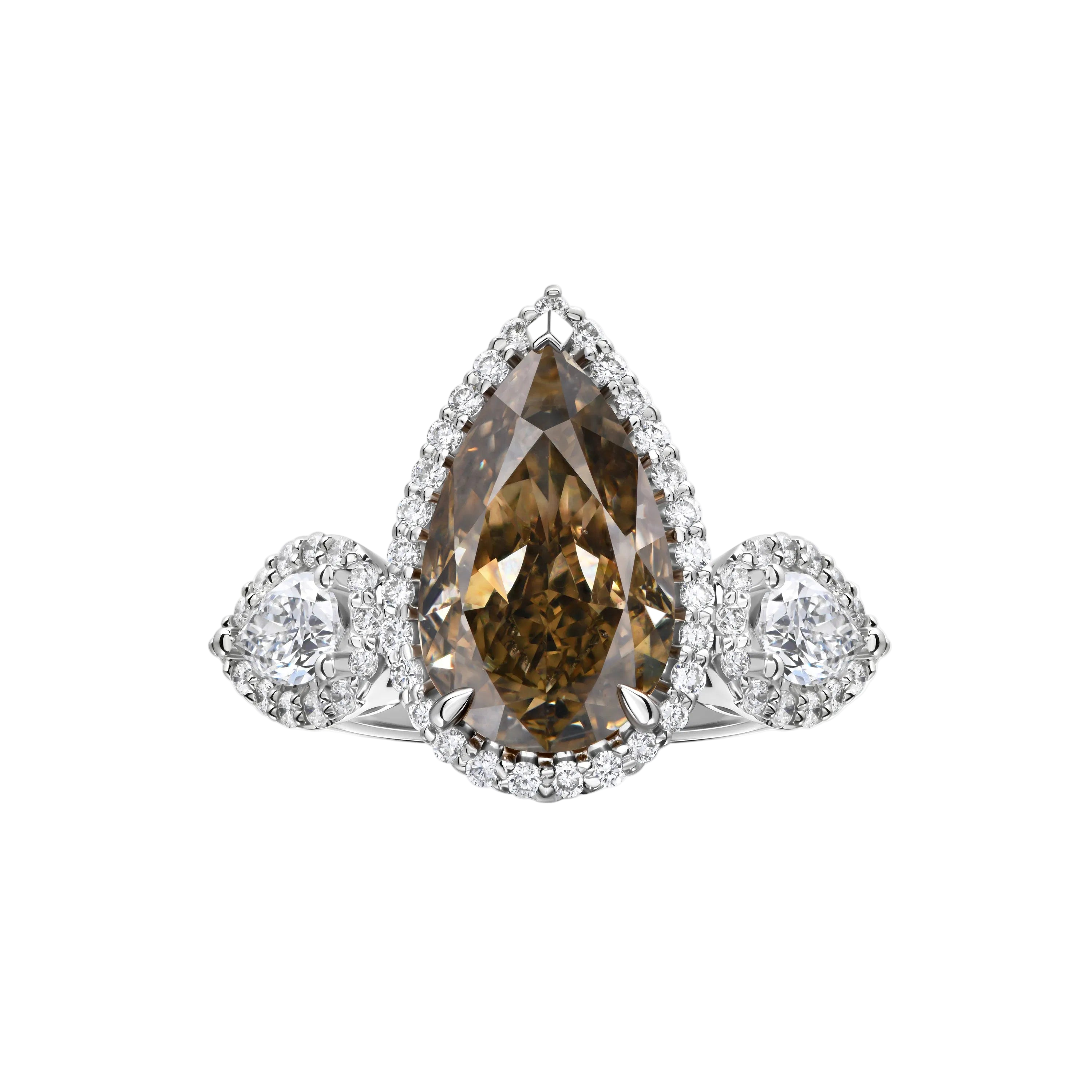 18k Solid White Gold Fancy Brown Pear and White Diamond Statement Ring 6.85 CTW