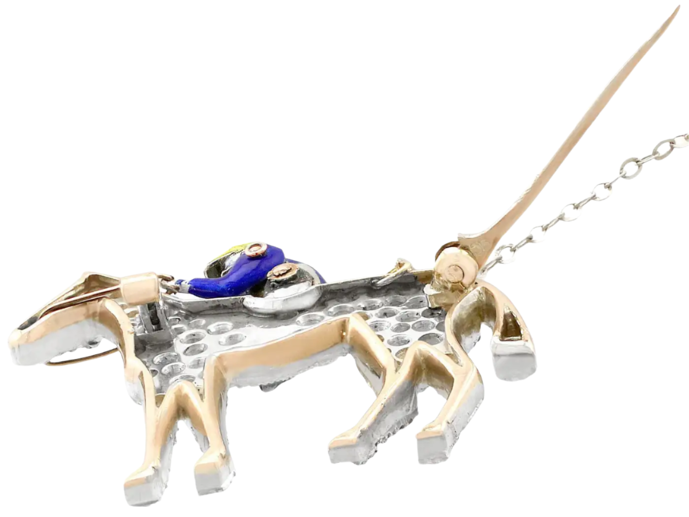 18k Solid Gold Antique Diamond and Enamel Yellow Gold Horse and Jockey Brooch 2.55 CTW
