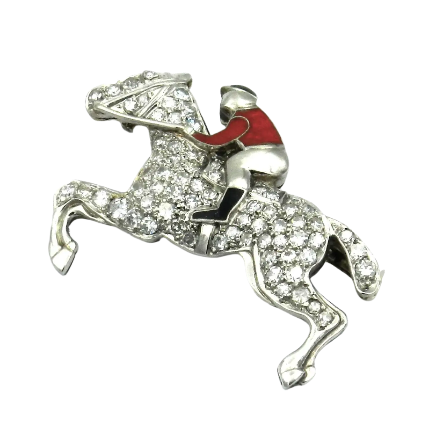 Art Deco 1.5ct Diamond and Enamel Jockey Platinum Brooch Circa 1920