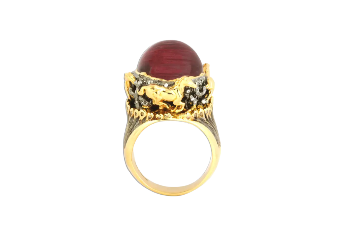 Rubellite Cat's Eye, Brown Diamond with Diamond Horse Ring in 18K Solid Gold