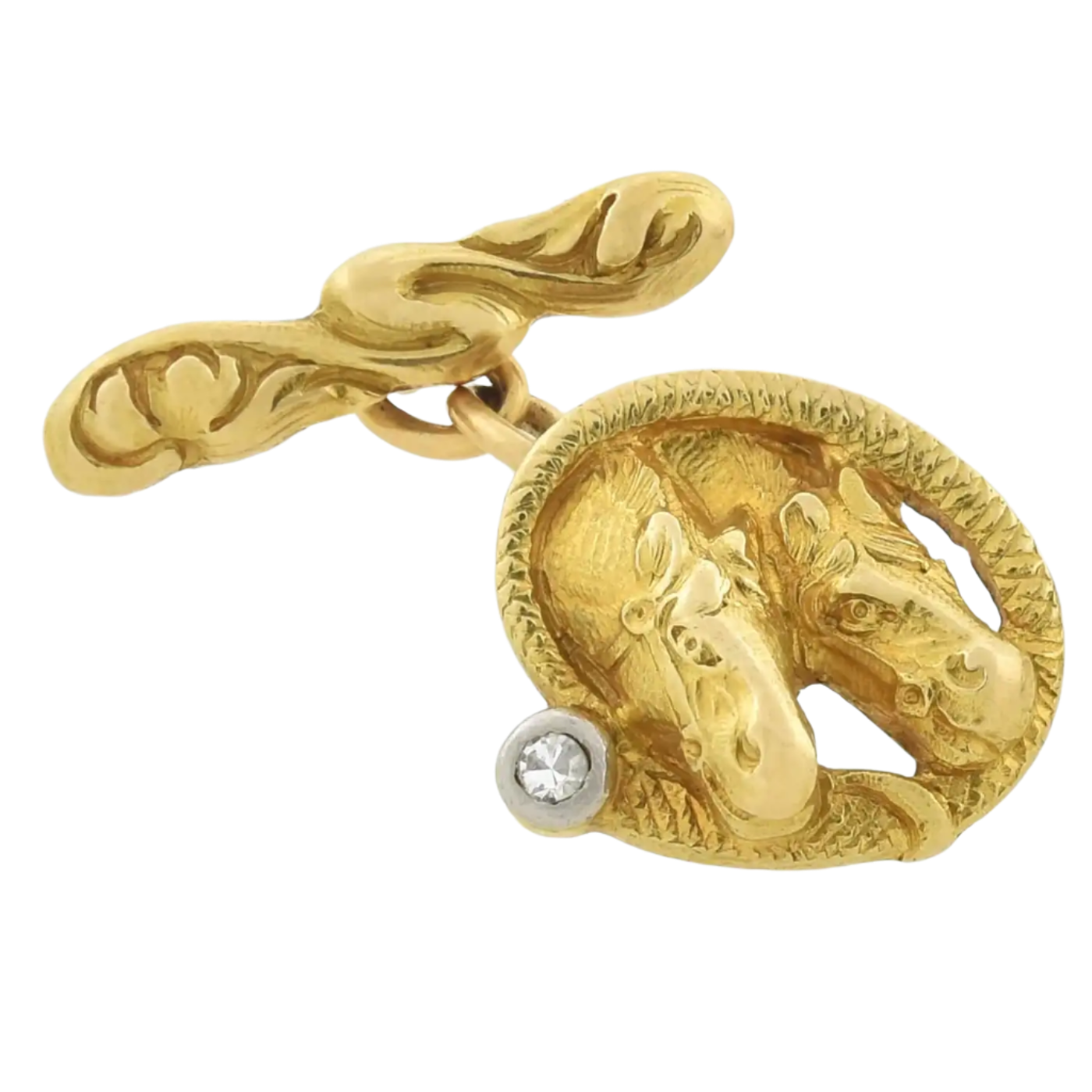 Edwardian 18k Solid Yellow Gold Diamond Double Horse Photo Finish Cufflinks