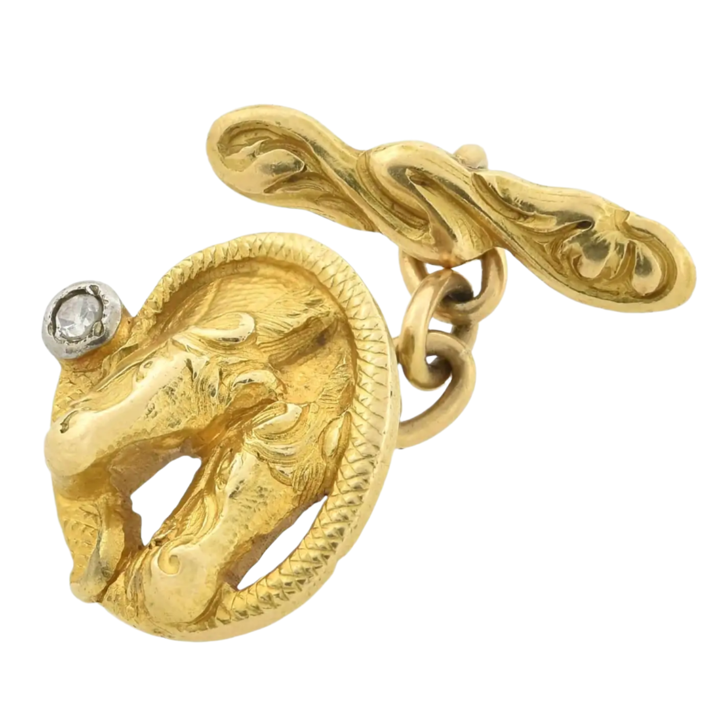 Edwardian 18k Solid Yellow Gold Diamond Double Horse Photo Finish Cufflinks