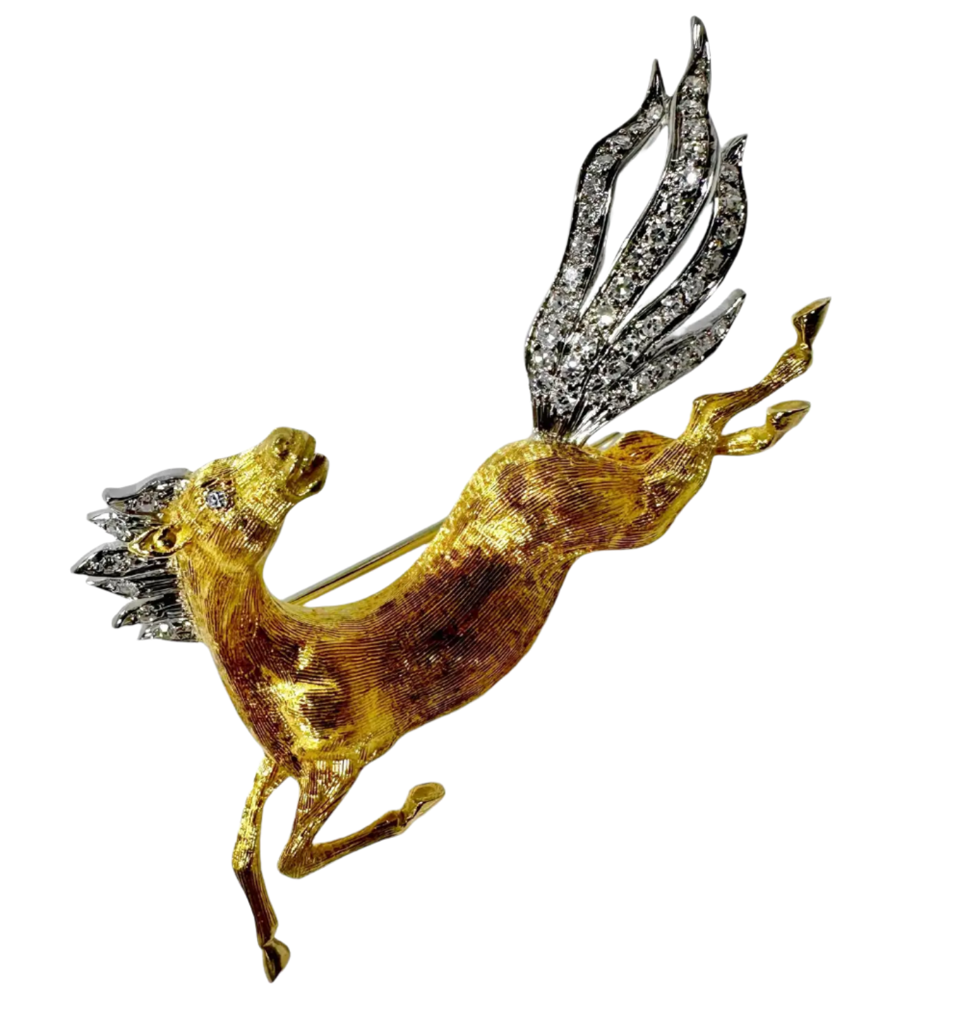 18k Solid Gold Italian Galloping Horse Brooch with Diamond Mane and Diamond Tail