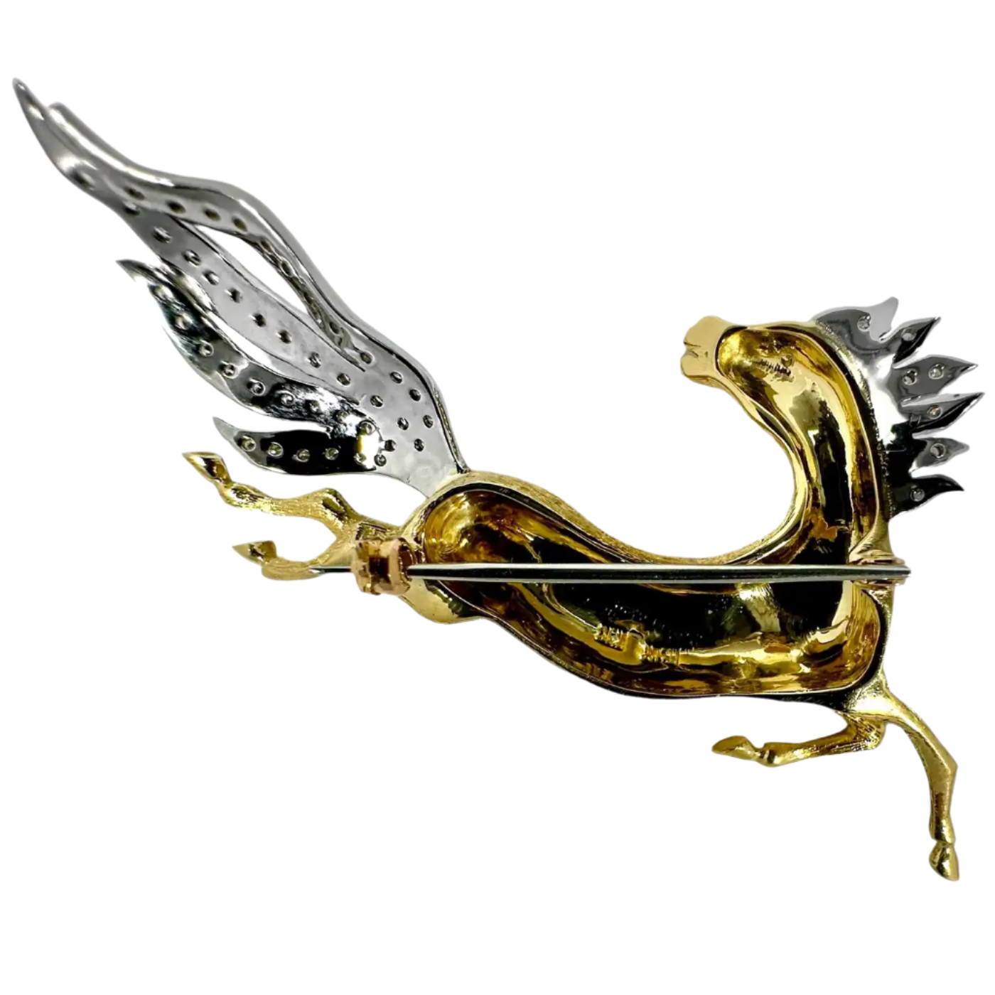 18k Solid Gold Italian Galloping Horse Brooch with Diamond Mane and Diamond Tail