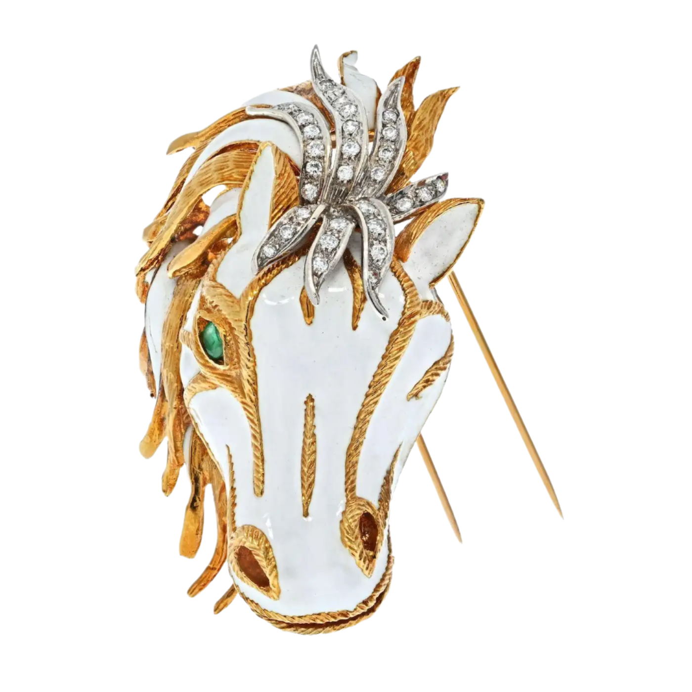 Platinum and 18K Solid Yellow Gold White Enamel Diamond Horse Brooch