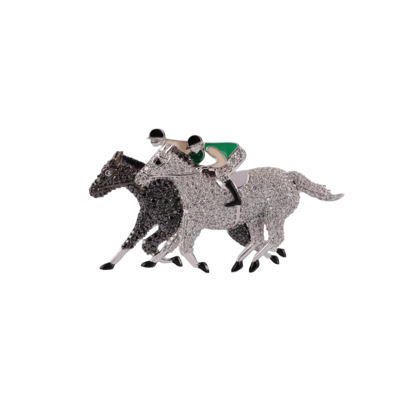Large Diamond Enamel Polo Race Horse Jockey Brooch in 18k Solid Gold