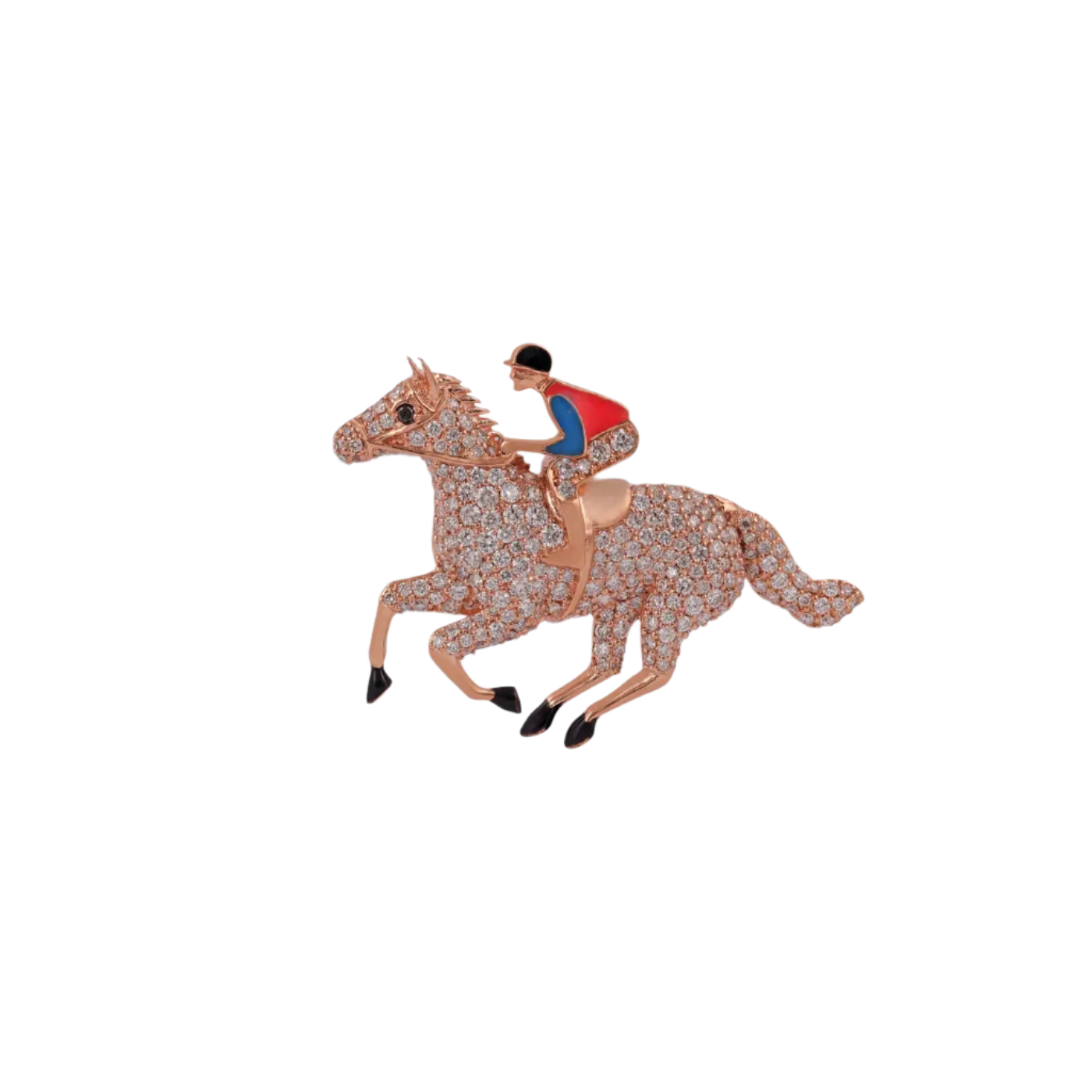 Large Diamond Enamel Polo Race Horse Jockey Brooch in 18k Solid Rose Gold