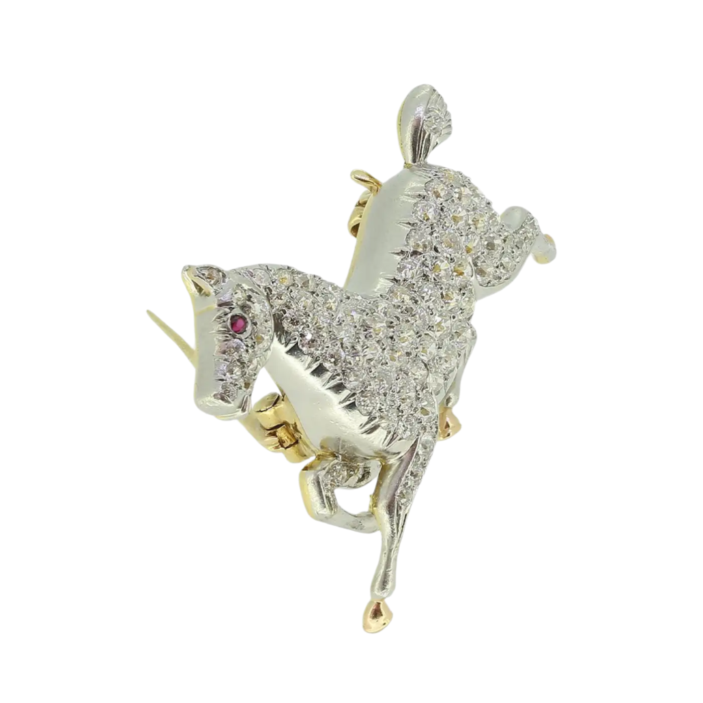 18K Solid White Gold Antique Diamond Horse Brooch 2.90 CTW