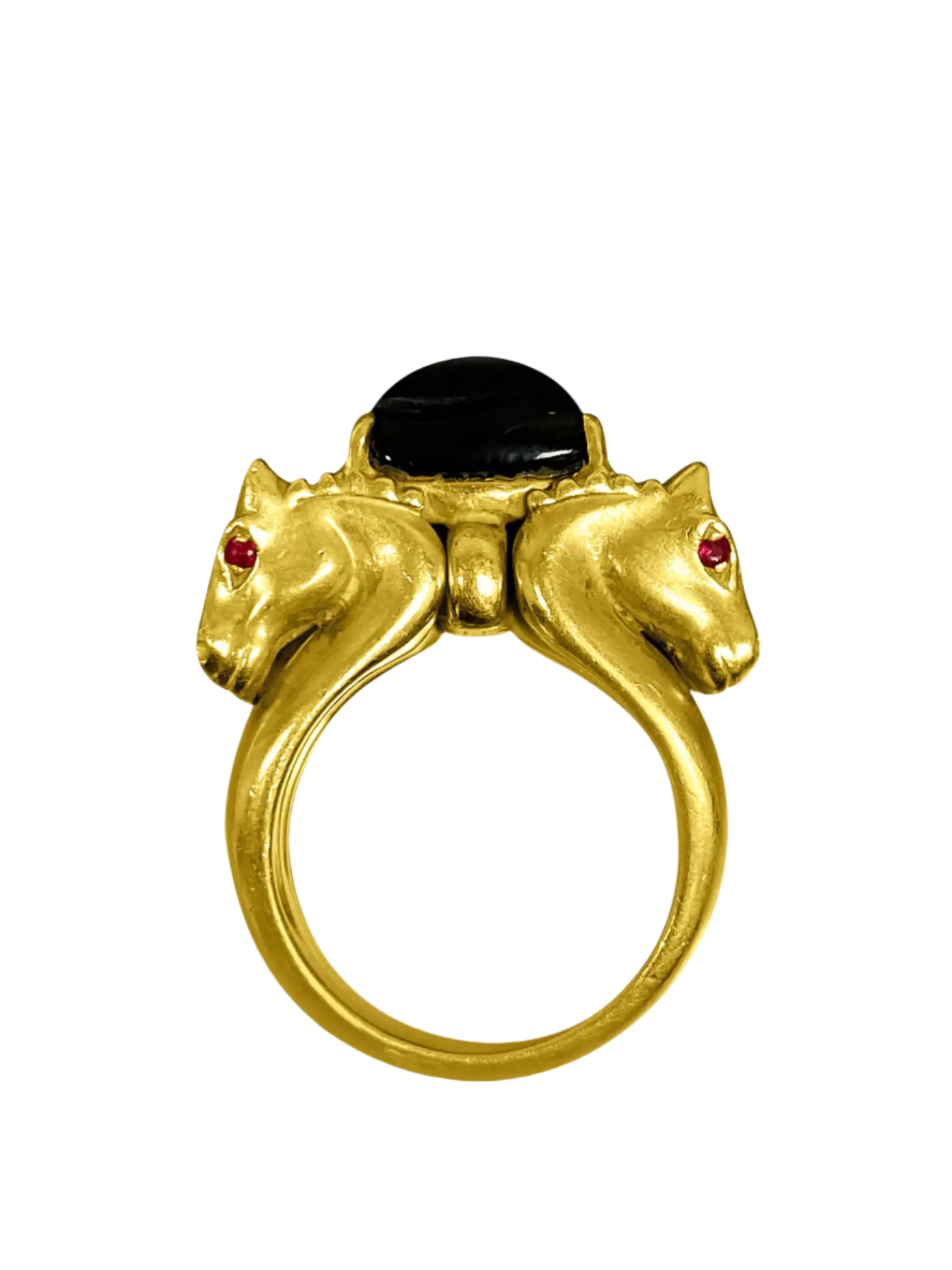 18k Solid Yellow Gold Black Onyx and Ruby Horse Ring