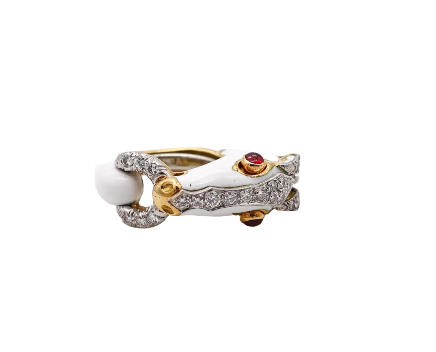 Enamelled Horse Ring In 18k Solid Gold And Platinum With Diamonds and Rubies
