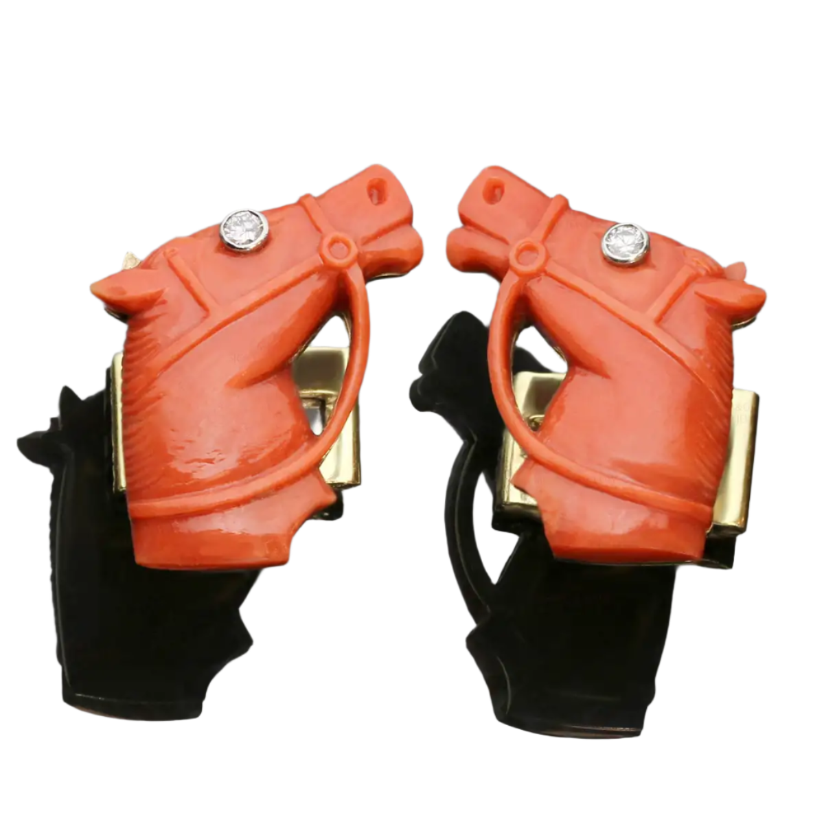 Red Coral Diamond 18k Solid Yellow Gold Horse Cufflinks