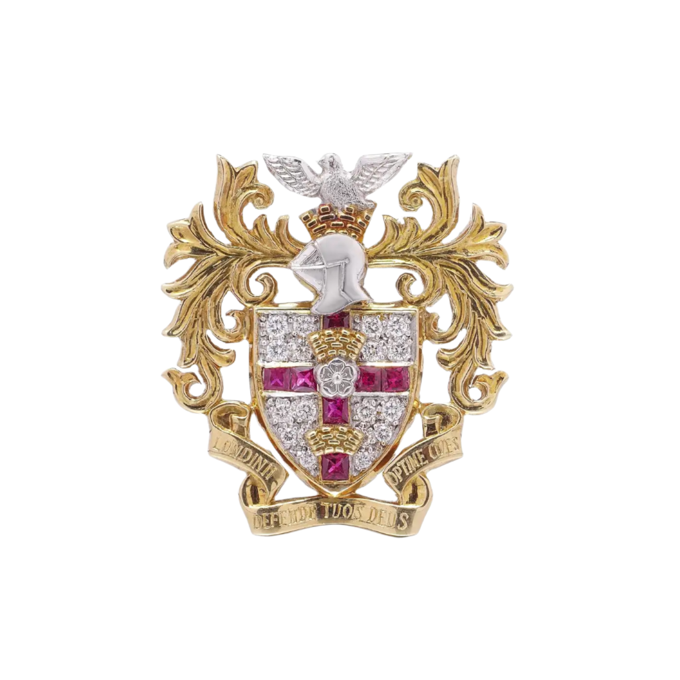 18k Solid Yellow Gold Heraldic Brooch with Diamonds and Rubies
