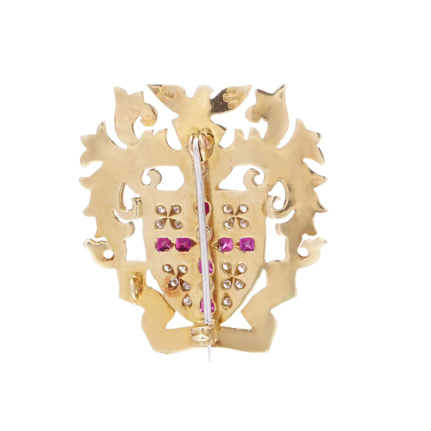 18k Solid Yellow Gold Heraldic Brooch with Diamonds and Rubies