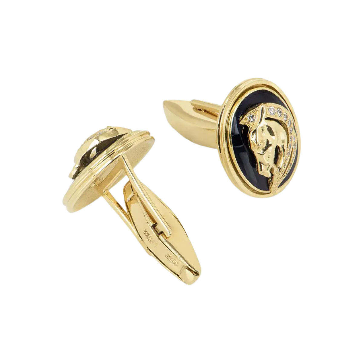 Gold and Diamond Horse Tie Slide and Cufflink Set in 18k Solid Yellow Gold.