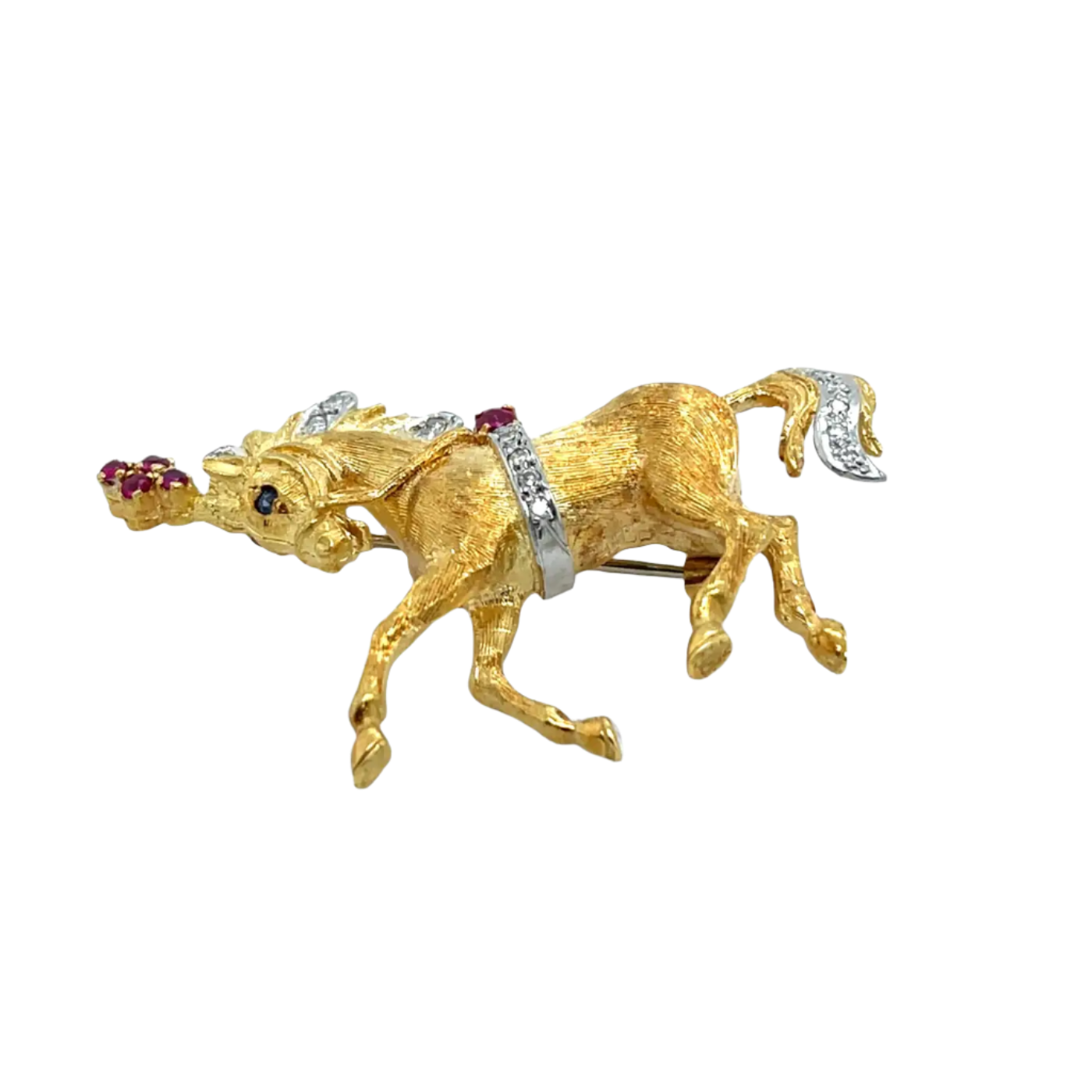 1969 Ben Rosenfeld Horse Brooch in 18k Yellow Gold, Diamond and Ruby