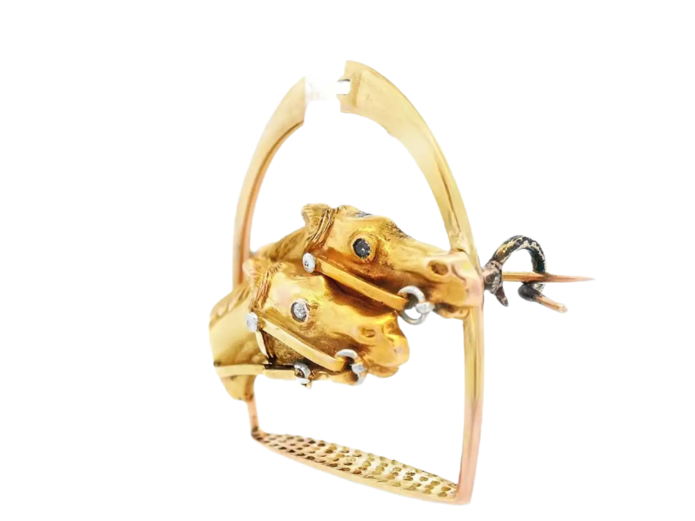 Late Victorian 18k Solid Yellow Gold and Diamond Horse and Stirrup Pin